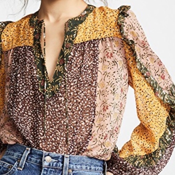 Ulla Johnson Norma Floral Patchwork Ruffle Blouse Size 2 Multicolor Boho - Picture 3 of 15